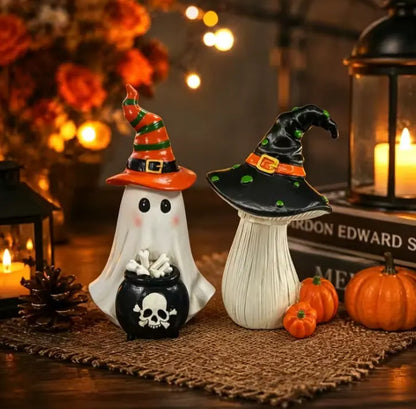 Ghost and Mushroom Halloween Figurine Set, Hand Painted Resin Witch Hat Decorations, Set of 2
