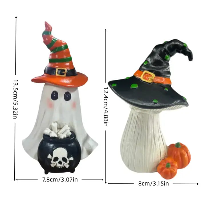 Ghost and Mushroom Halloween Figurine Set, Hand Painted Resin Witch Hat Decorations, Set of 2
