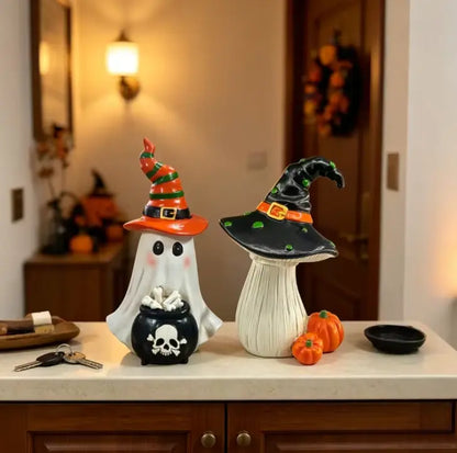 Ghost and Mushroom Halloween Figurine Set, Hand Painted Resin Witch Hat Decorations, Set of 2