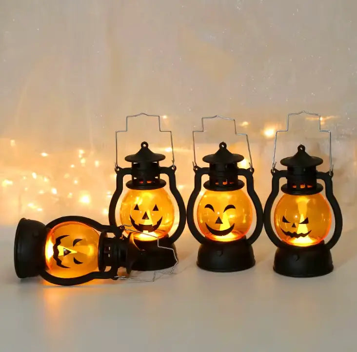 Retro Pumpkin LED Lantern, Halloween Oil Lantern Style Decorative Light with Handle, Matte Black