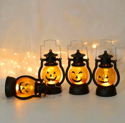 Retro Pumpkin LED Lantern, Halloween Oil Lantern Style Decorative Light with Handle, Matte Black