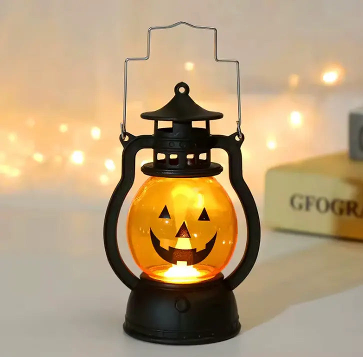 Retro Pumpkin LED Lantern, Halloween Oil Lantern Style Decorative Light with Handle, Matte Black