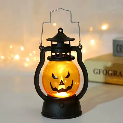Retro Pumpkin LED Lantern, Halloween Oil Lantern Style Decorative Light with Handle, Matte Black