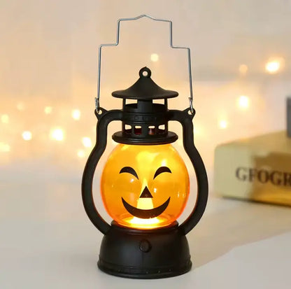 Retro Pumpkin LED Lantern, Halloween Oil Lantern Style Decorative Light with Handle, Matte Black