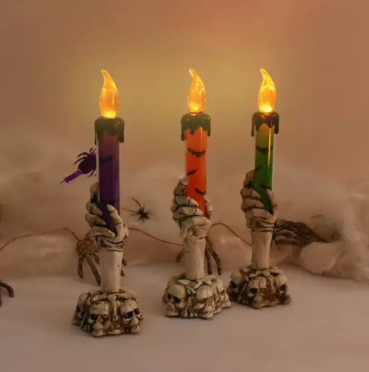 Skeleton Hand LED Candle Lamp with Skull Base, Battery Flickering Flame Halloween Decor, 3 Colours
