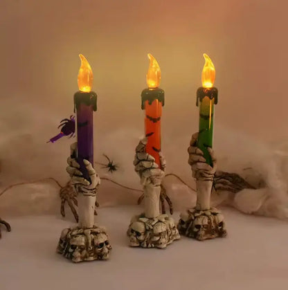 Skeleton Hand LED Candle Lamp with Skull Base, Battery Flickering Flame Halloween Decor, 3 Colours