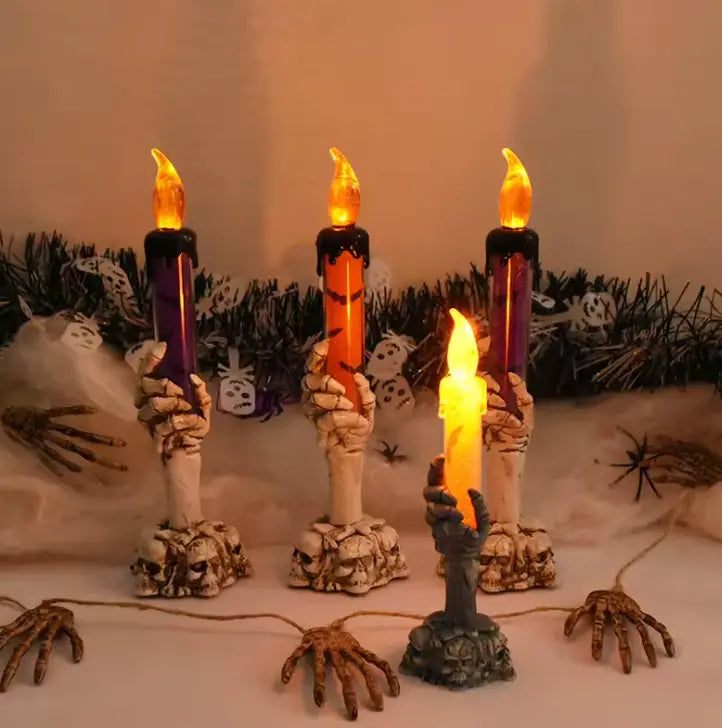 Skeleton Hand LED Candle Lamp with Skull Base, Battery Flickering Flame Halloween Decor, 3 Colours