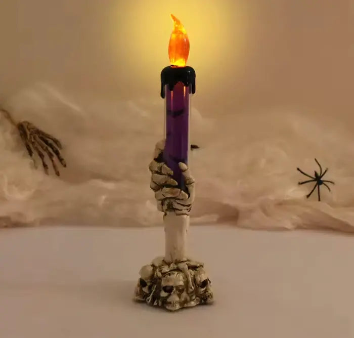Skeleton Hand LED Candle Lamp with Skull Base, Battery Flickering Flame Halloween Decor, 3 Colours