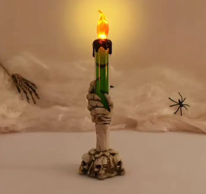Skeleton Hand LED Candle Lamp with Skull Base, Battery Flickering Flame Halloween Decor, 3 Colours