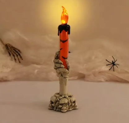 Skeleton Hand LED Candle Lamp with Skull Base, Battery Flickering Flame Halloween Decor, 3 Colours