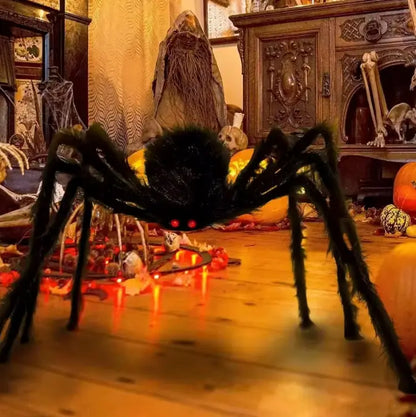 Giant Poseable Halloween Spider Decoration, Hairy Black Spider with Red Eyes, 7 Sizes up to 200 cm