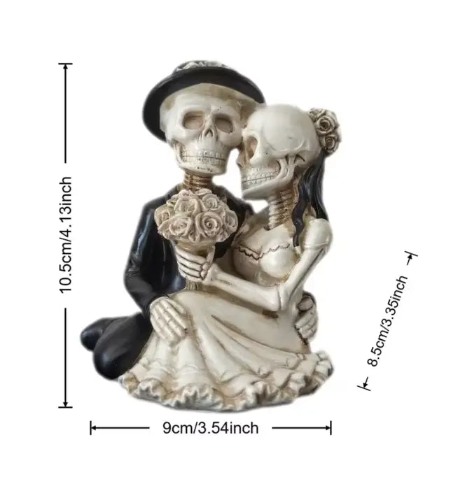 Embracing Skeleton Couple Figurine, Hand Painted Resin Gothic Bride and Groom Statue and Cake Topper