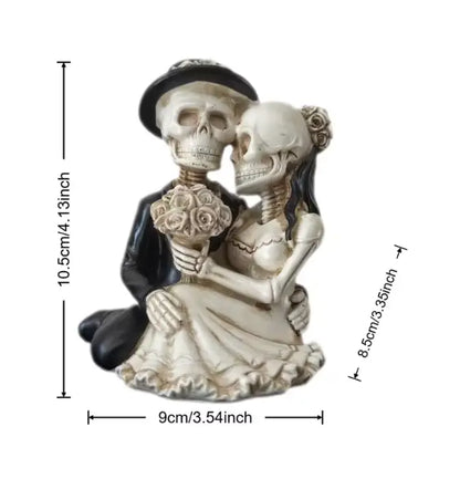 Embracing Skeleton Couple Figurine, Hand Painted Resin Gothic Bride and Groom Statue and Cake Topper