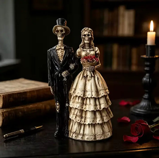 Skeleton Bride and Groom Figurine, Gothic Resin Wedding Couple Statue and Cake Topper, 15 cm Tall