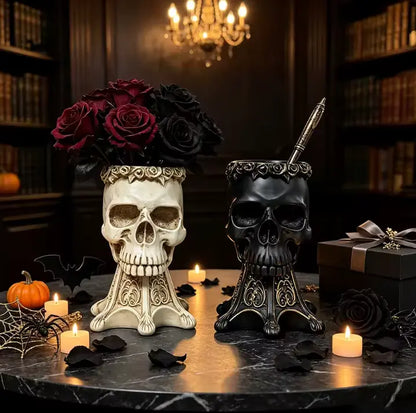 Gothic Skull Vase and Pen Holder, Hand Sculpted Resin Skull Planter on Pedestal, Black or White
