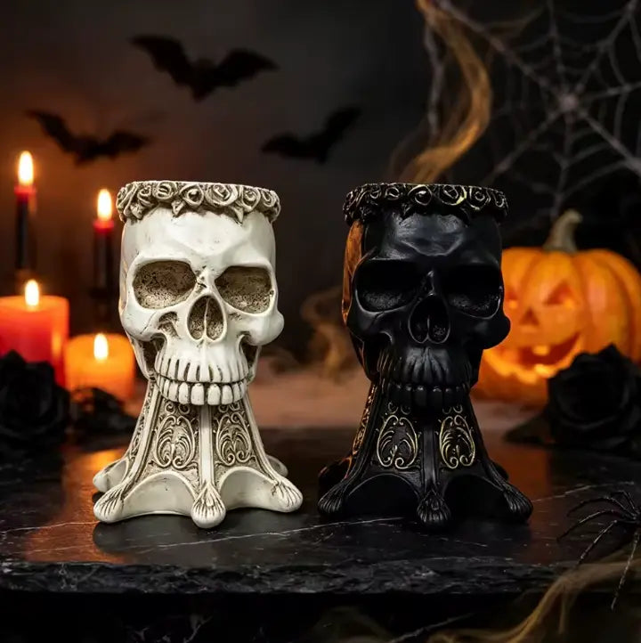 Gothic Skull Vase and Pen Holder, Hand Sculpted Resin Skull Planter on Pedestal, Black or White
