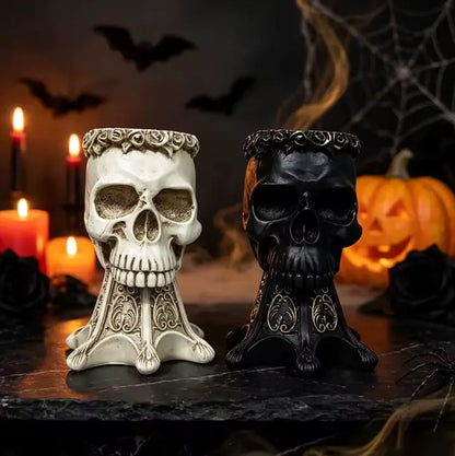 Gothic Skull Vase and Pen Holder, Hand Sculpted Resin Skull Planter on Pedestal, Black or White