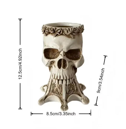 Gothic Skull Vase and Pen Holder, Hand Sculpted Resin Skull Planter on Pedestal, Black or White