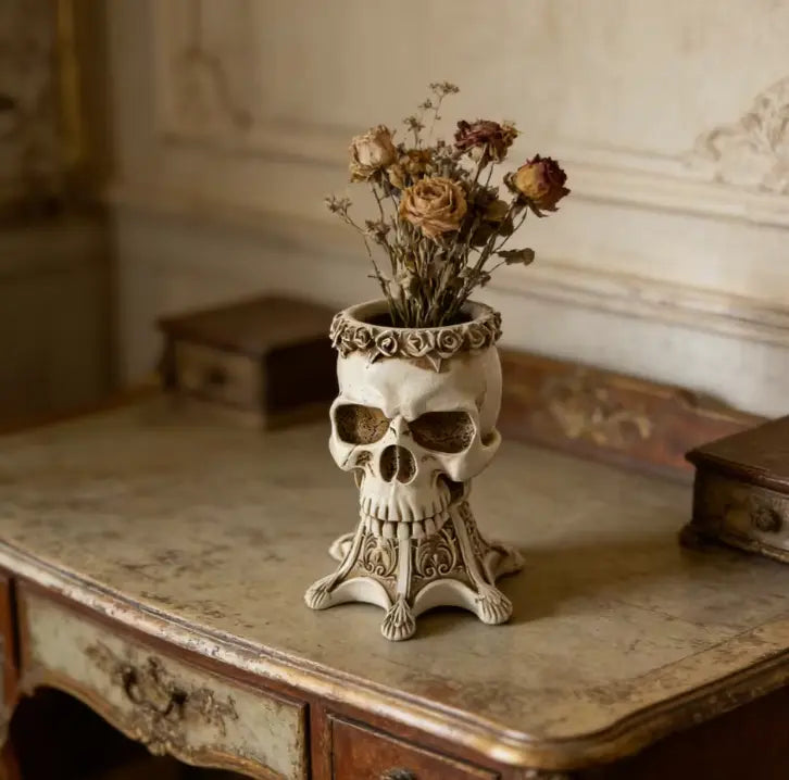 Gothic Skull Vase and Pen Holder, Hand Sculpted Resin Skull Planter on Pedestal, Black or White