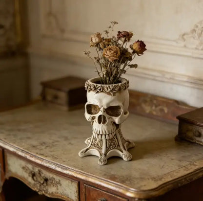 Gothic Skull Vase and Pen Holder, Hand Sculpted Resin Skull Planter on Pedestal, Black or White