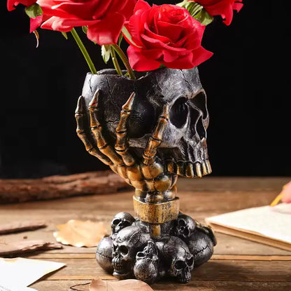 Skeleton Hand Skull Vase, Gothic Resin Planter with Skulls and Chains for Flowers and Succulents