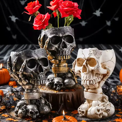 Skeleton Hand Skull Vase, Gothic Resin Planter with Skulls and Chains for Flowers and Succulents