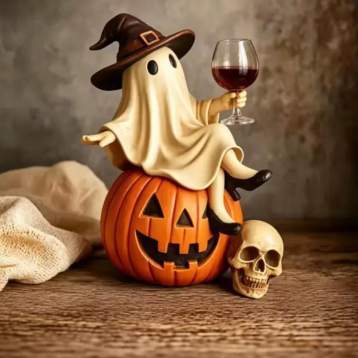Ghost on Pumpkin Figurine with Wine Glass, Hand Finished Resin Halloween Statue in Witch Hat