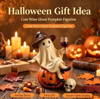 Ghost on Pumpkin Figurine with Wine Glass, Hand Finished Resin Halloween Statue in Witch Hat