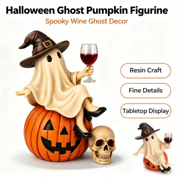 Ghost on Pumpkin Figurine with Wine Glass, Hand Finished Resin Halloween Statue in Witch Hat