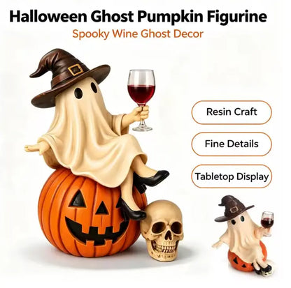 Ghost on Pumpkin Figurine with Wine Glass, Hand Finished Resin Halloween Statue in Witch Hat
