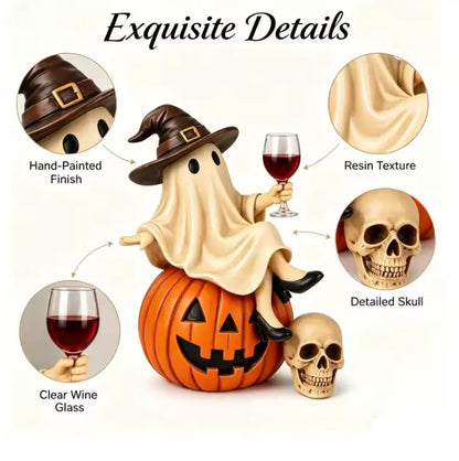 Ghost on Pumpkin Figurine with Wine Glass, Hand Finished Resin Halloween Statue in Witch Hat