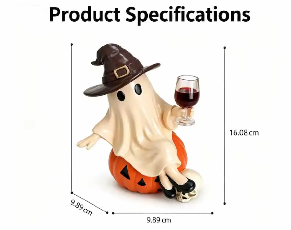 Ghost on Pumpkin Figurine with Wine Glass, Hand Finished Resin Halloween Statue in Witch Hat