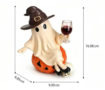 Ghost on Pumpkin Figurine with Wine Glass, Hand Finished Resin Halloween Statue in Witch Hat