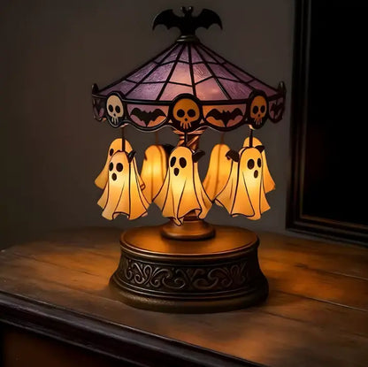 Rotating Ghost Carousel Night Light, Rechargeable Halloween Table Lamp with Bat and Skull Canopy