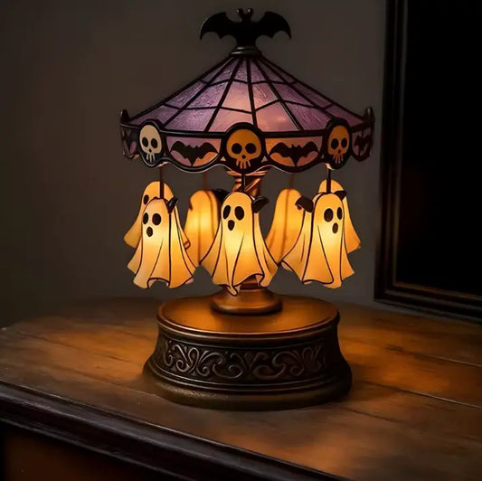 Rotating Ghost Carousel Night Light, Rechargeable Halloween Table Lamp with Bat and Skull Canopy