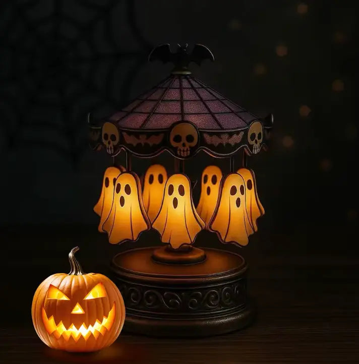 Rotating Ghost Carousel Night Light, Rechargeable Halloween Table Lamp with Bat and Skull Canopy