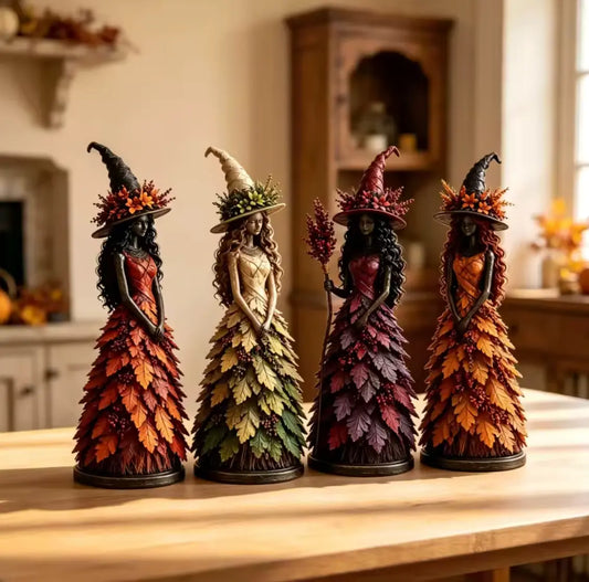 Autumn Leaf Witch Figurine, Handcrafted Resin Witch Statue with Berry Staff for Halloween Decor