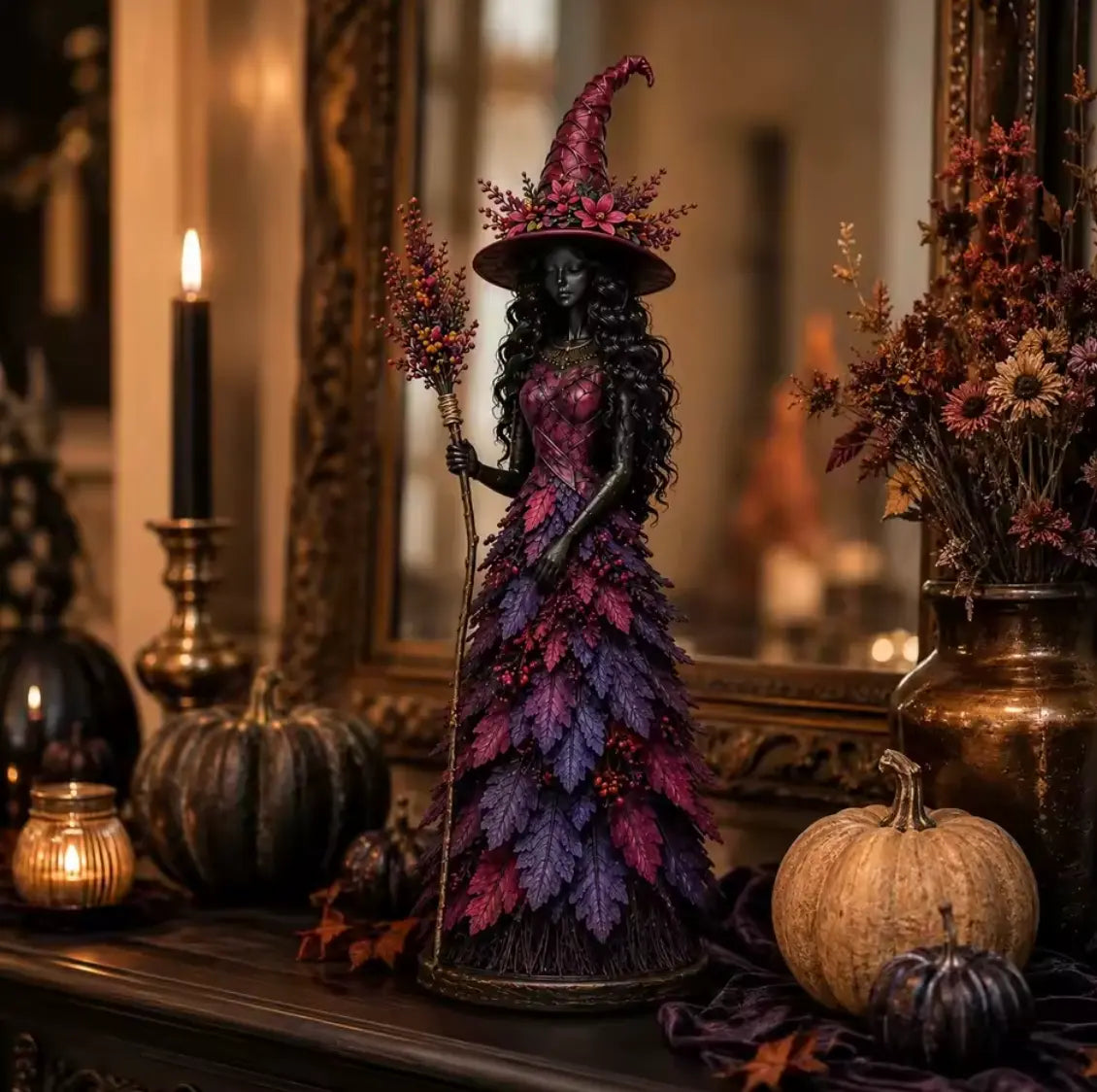 Autumn Leaf Witch Figurine, Handcrafted Resin Witch Statue with Berry Staff for Halloween Decor