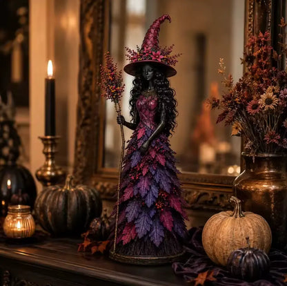 Autumn Leaf Witch Figurine, Handcrafted Resin Witch Statue with Berry Staff for Halloween Decor