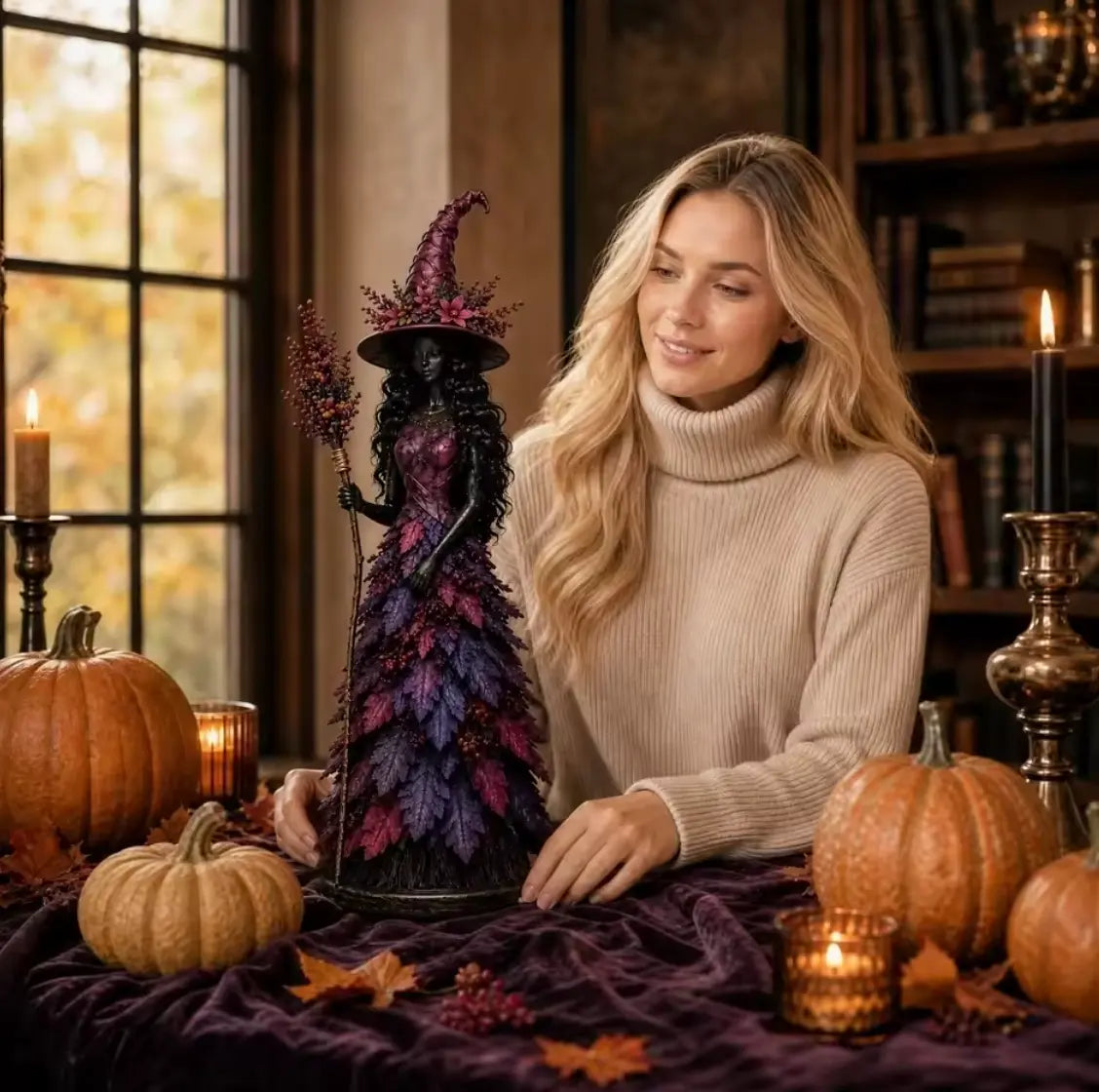 Autumn Leaf Witch Figurine, Handcrafted Resin Witch Statue with Berry Staff for Halloween Decor