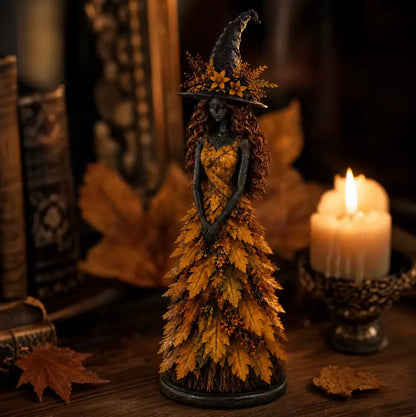 Autumn Leaf Witch Figurine, Handcrafted Resin Witch Statue with Berry Staff for Halloween Decor