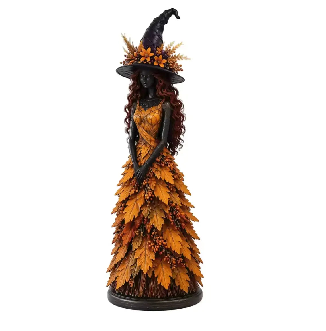 Autumn Leaf Witch Figurine, Handcrafted Resin Witch Statue with Berry Staff for Halloween Decor
