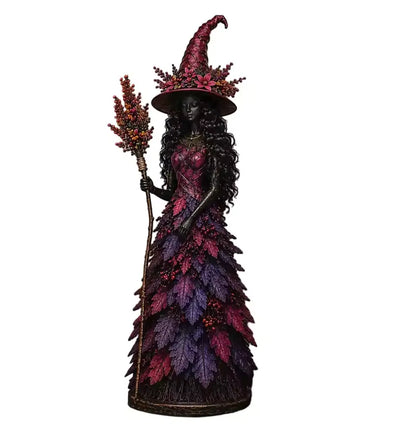 Autumn Leaf Witch Figurine, Handcrafted Resin Witch Statue with Berry Staff for Halloween Decor