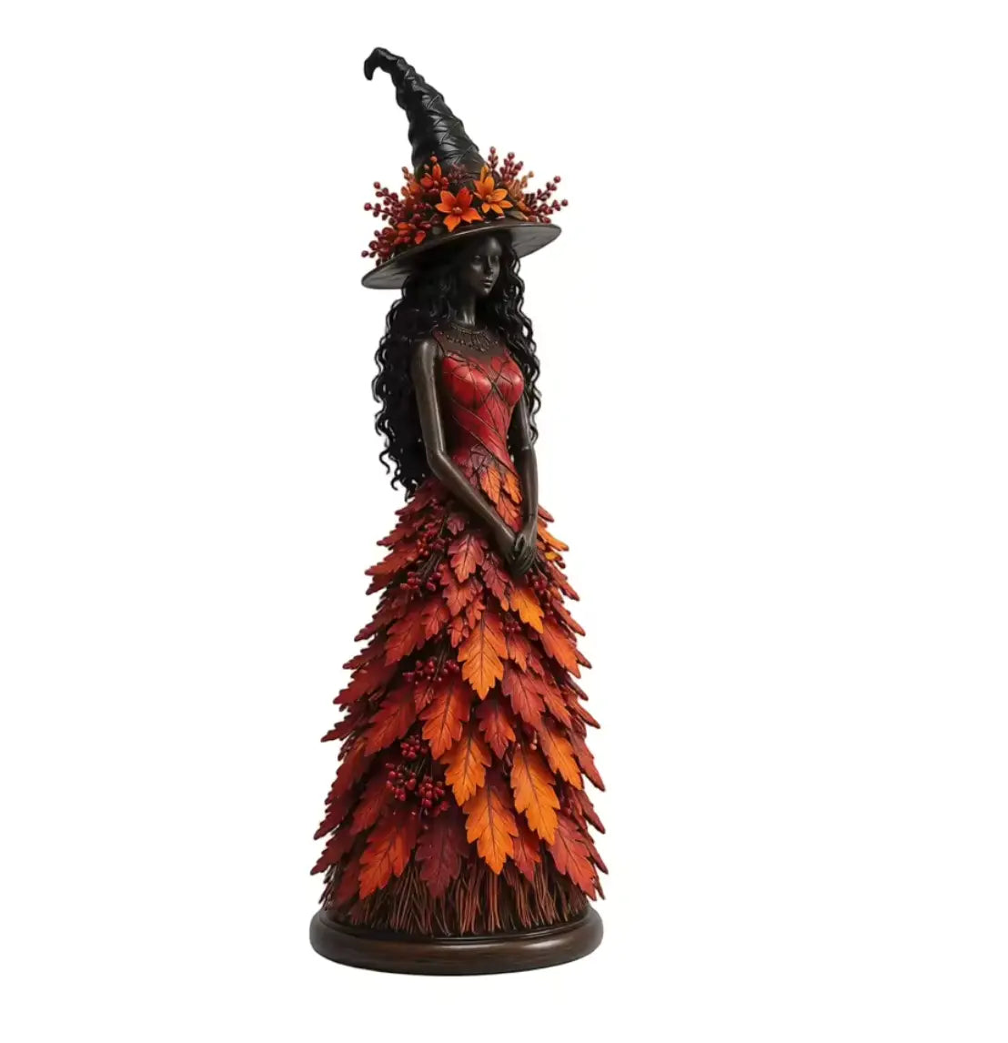 Autumn Leaf Witch Figurine, Handcrafted Resin Witch Statue with Berry Staff for Halloween Decor
