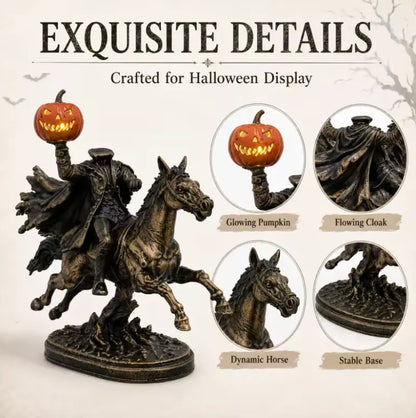 Headless Horseman Statue with Glowing Pumpkin, Antique Bronze Resin Halloween Figurine for Mantel