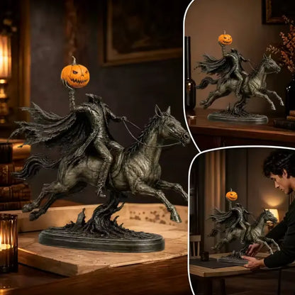 Headless Horseman Statue with Glowing Pumpkin, Antique Bronze Resin Halloween Figurine for Mantel