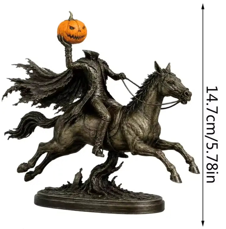 Headless Horseman Statue with Glowing Pumpkin, Antique Bronze Resin Halloween Figurine for Mantel