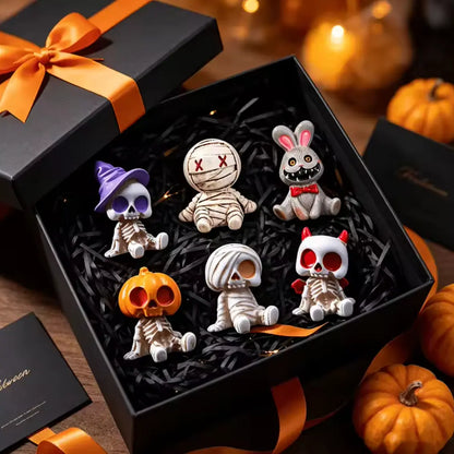 Mini Skeleton Figurine Set of 6, Halloween Resin Skeleton and Mummy Statues for Desk and Bonsai