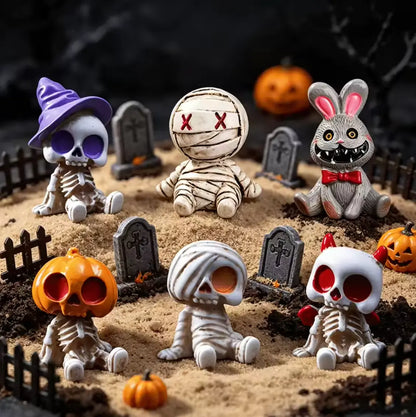 Mini Skeleton Figurine Set of 6, Halloween Resin Skeleton and Mummy Statues for Desk and Bonsai