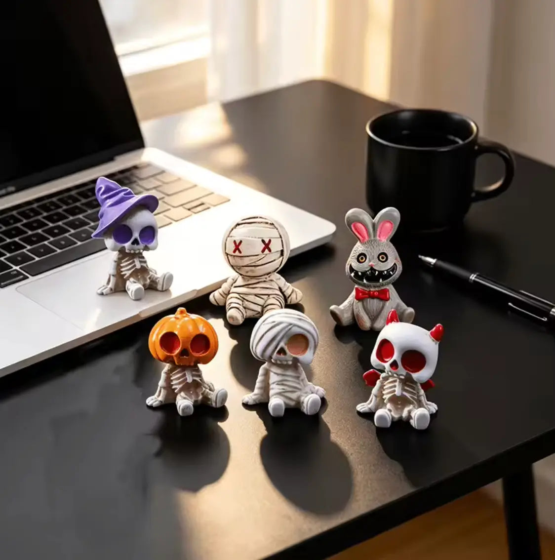 Mini Skeleton Figurine Set of 6, Halloween Resin Skeleton and Mummy Statues for Desk and Bonsai